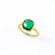 Emerald Quartz gold plated cushion bezel set square stacking ring on white background. may birthday, may gemstone square gemstone, green ring, may ring, sterling silver