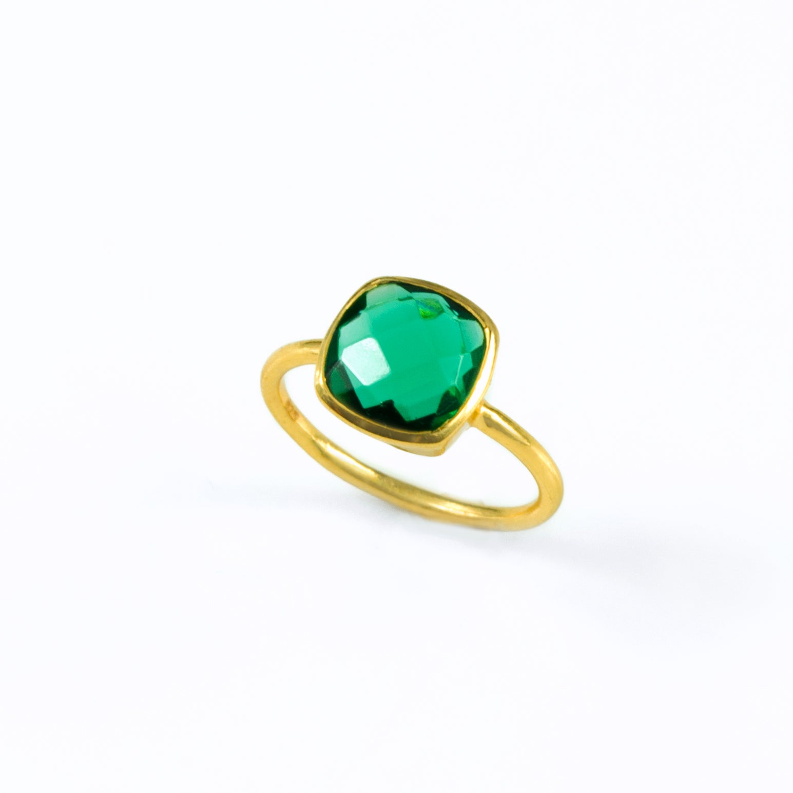 Emerald Quartz gold plated cushion bezel set square stacking ring on white background. may birthday, may gemstone square gemstone, green ring, may ring, sterling silver
