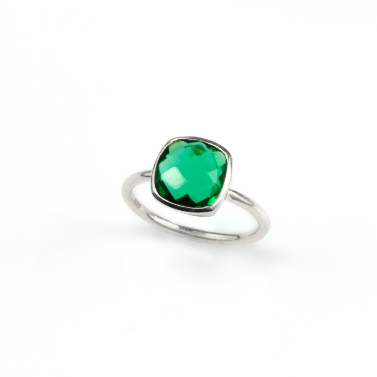 Emerald Quartz sterling silver cushion bezel set square stacking ring on white background. may birthday, may gemstone square gemstone, green ring, may ring, sterling silver