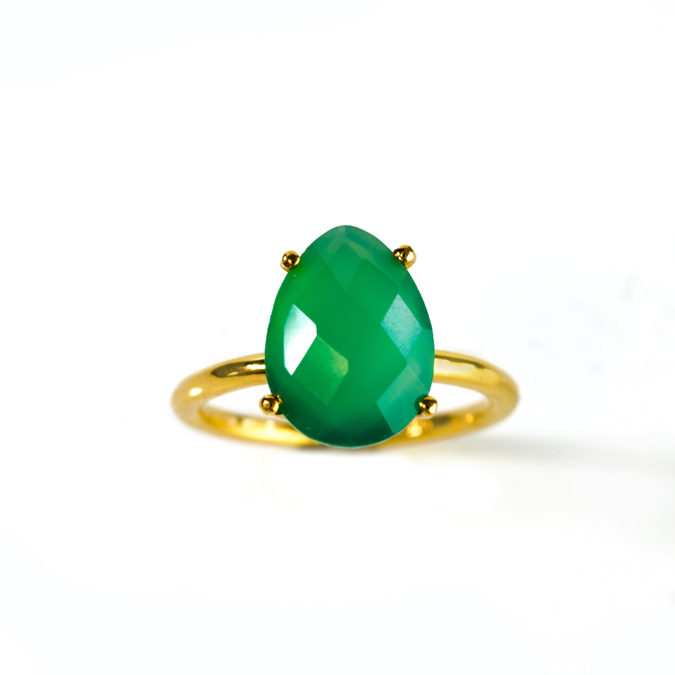 Green Onyx Teardrop Prong Set Ring • May Birthstone