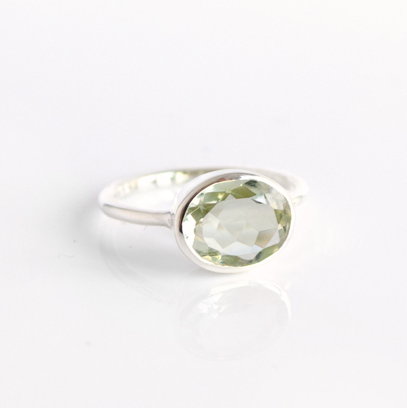 sterling silver oval ring with green amethyst birthstone. February birthstone, light green birthstone, light green gemstone, light green gem, birthstone rings stackable bezel set