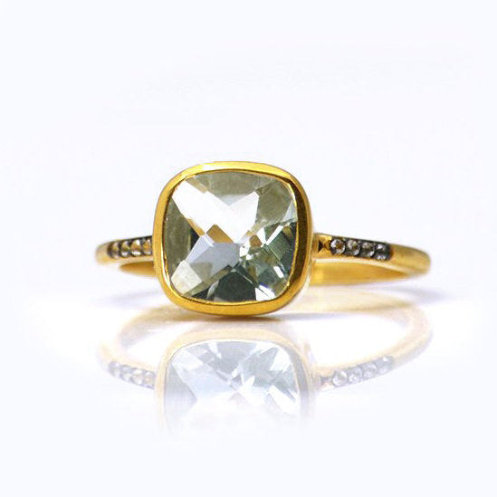 Green Amethyst gold plated cushion bezel square White topaz pave stacking ring on white background. February birthday, February gemstone, square gemstone, sterling silver, green birthstone, green ring