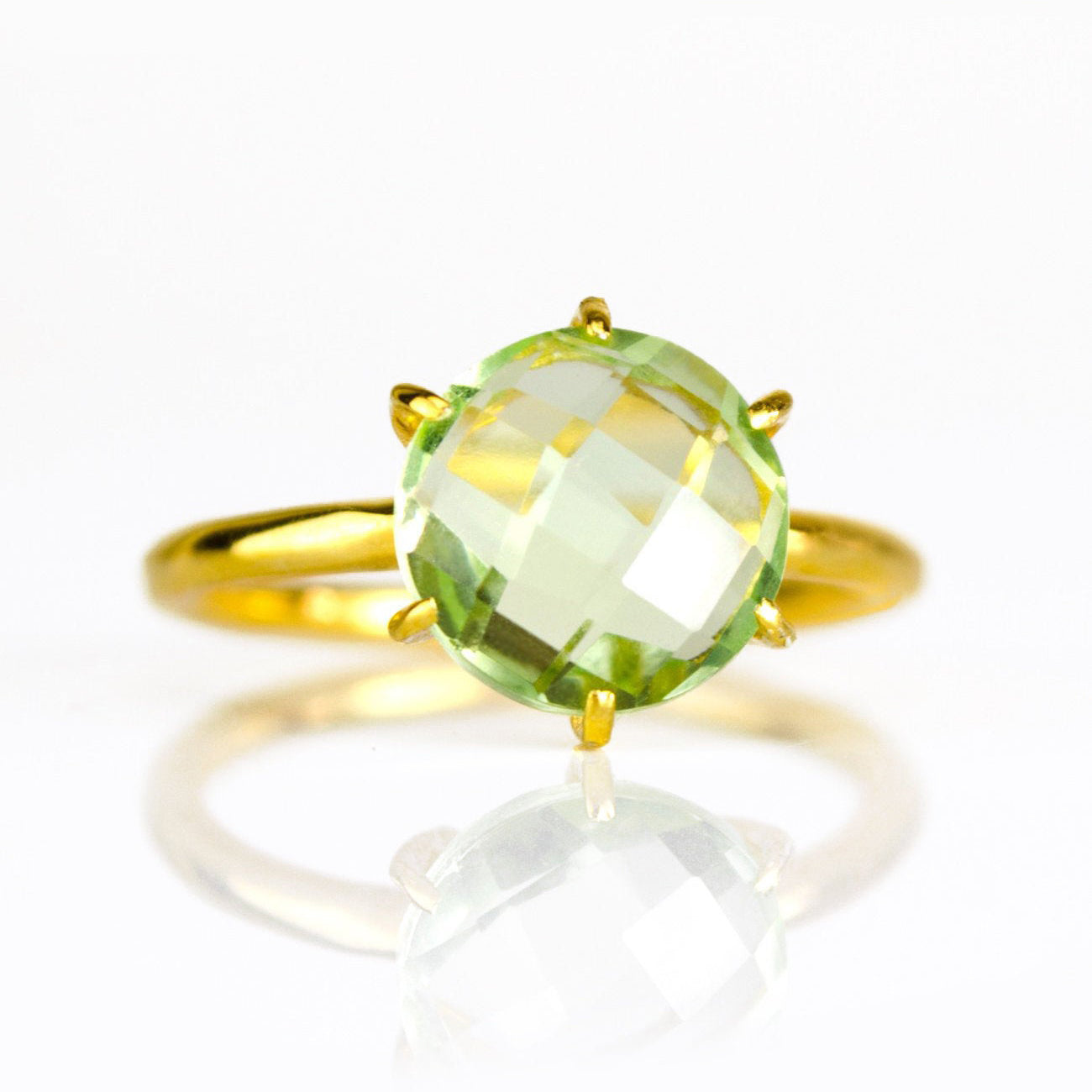 Green Amethyst Round Prong Set Ring - February Birthstone