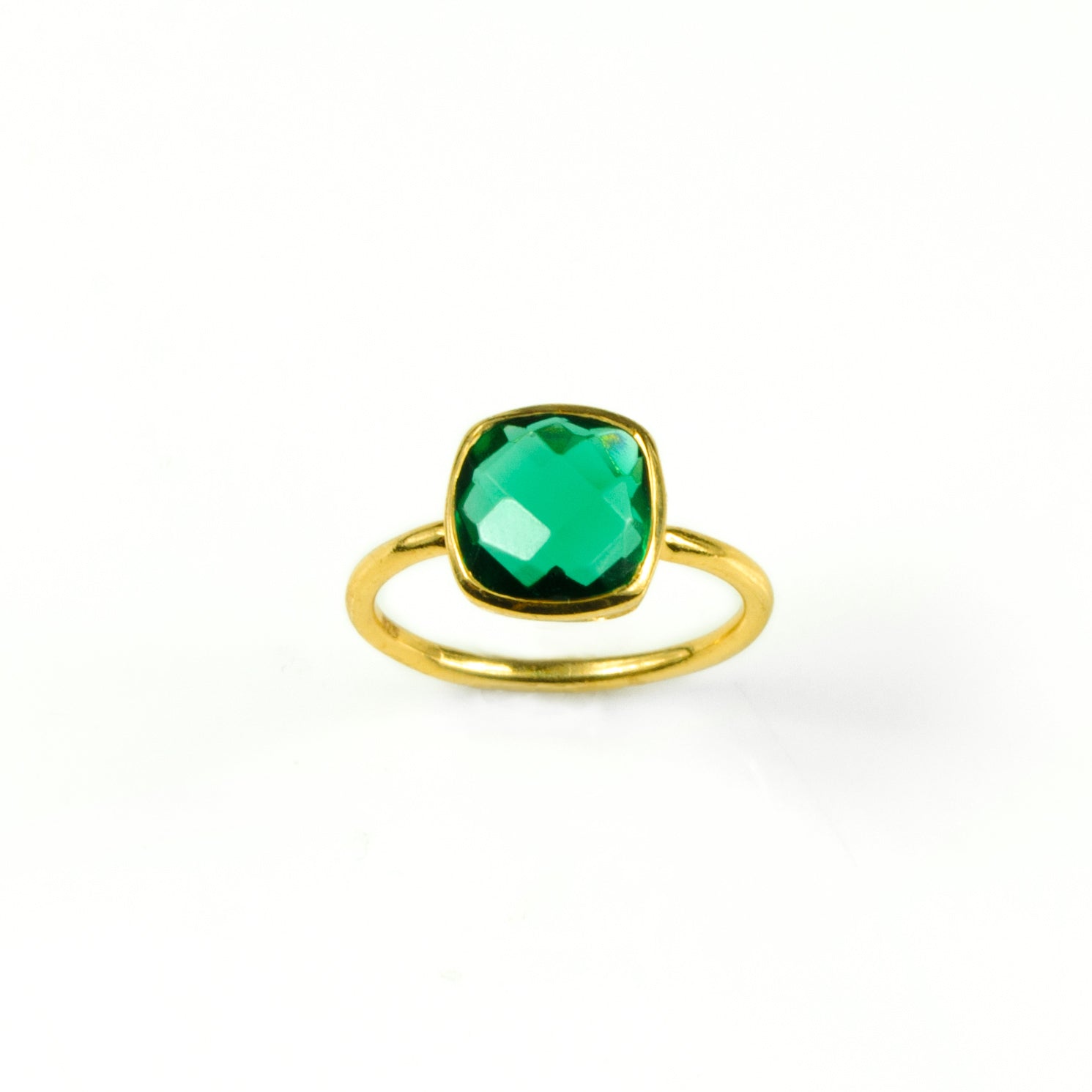 Emerald Quartz gold plated cushion bezel set square stacking ring on white background. may birthday, may gemstone square gemstone, green ring, may ring, sterling silver