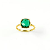 Emerald Quartz gold plated cushion bezel set square stacking ring on white background. may birthday, may gemstone square gemstone, green ring, may ring, sterling silver