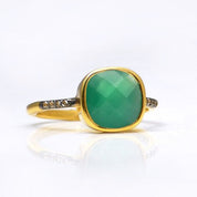 Green Onyx gold plated cushion bezel square White topaz pave stacking ring on white background. May birthday, May gemstone, square gemstone, sterling silver, green birthstone, green ring