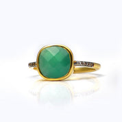 Green Onyx gold plated cushion bezel square White topaz pave stacking ring on white background. May birthday, May gemstone, square gemstone, sterling silver, green birthstone, green ring