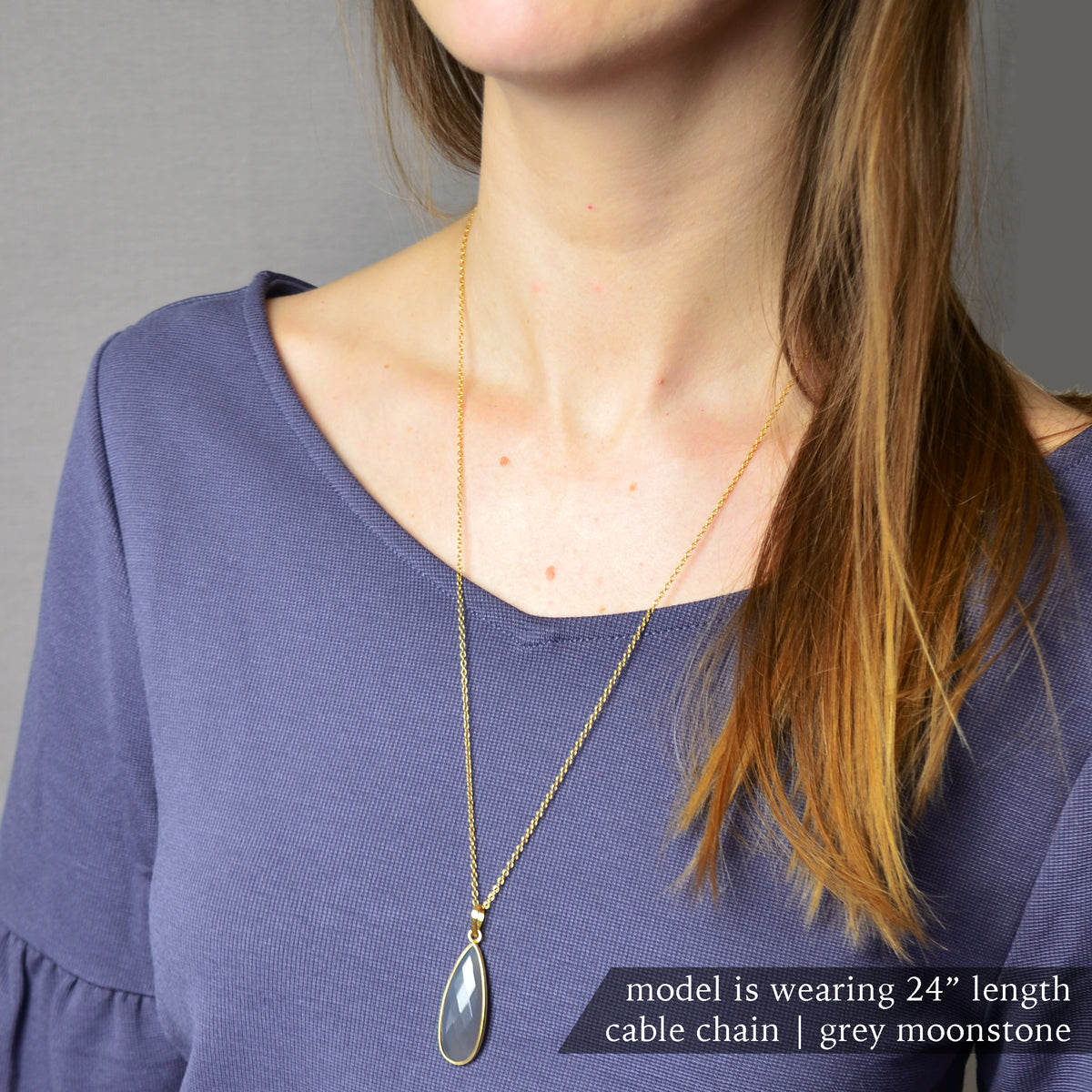 Grey Moonstone Elongated Teardrop Pendant Necklace
