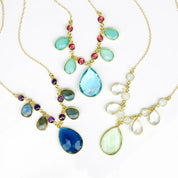 Large Birthstone Cluster Necklace with Blues, Aquamarines, and Reds