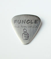 Single guitar pick with fun uncle or funcle engraving design and a thumbs up symbol