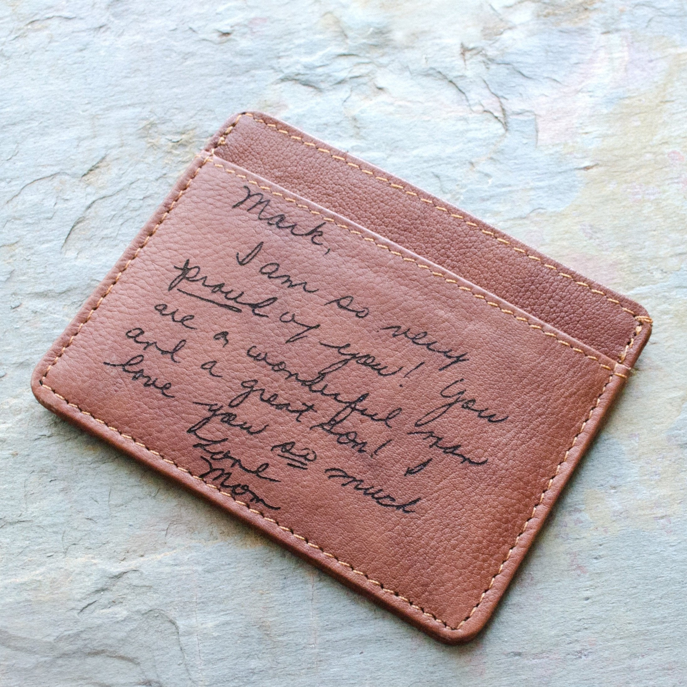 personalize the card holder with handwriting from a loved one on