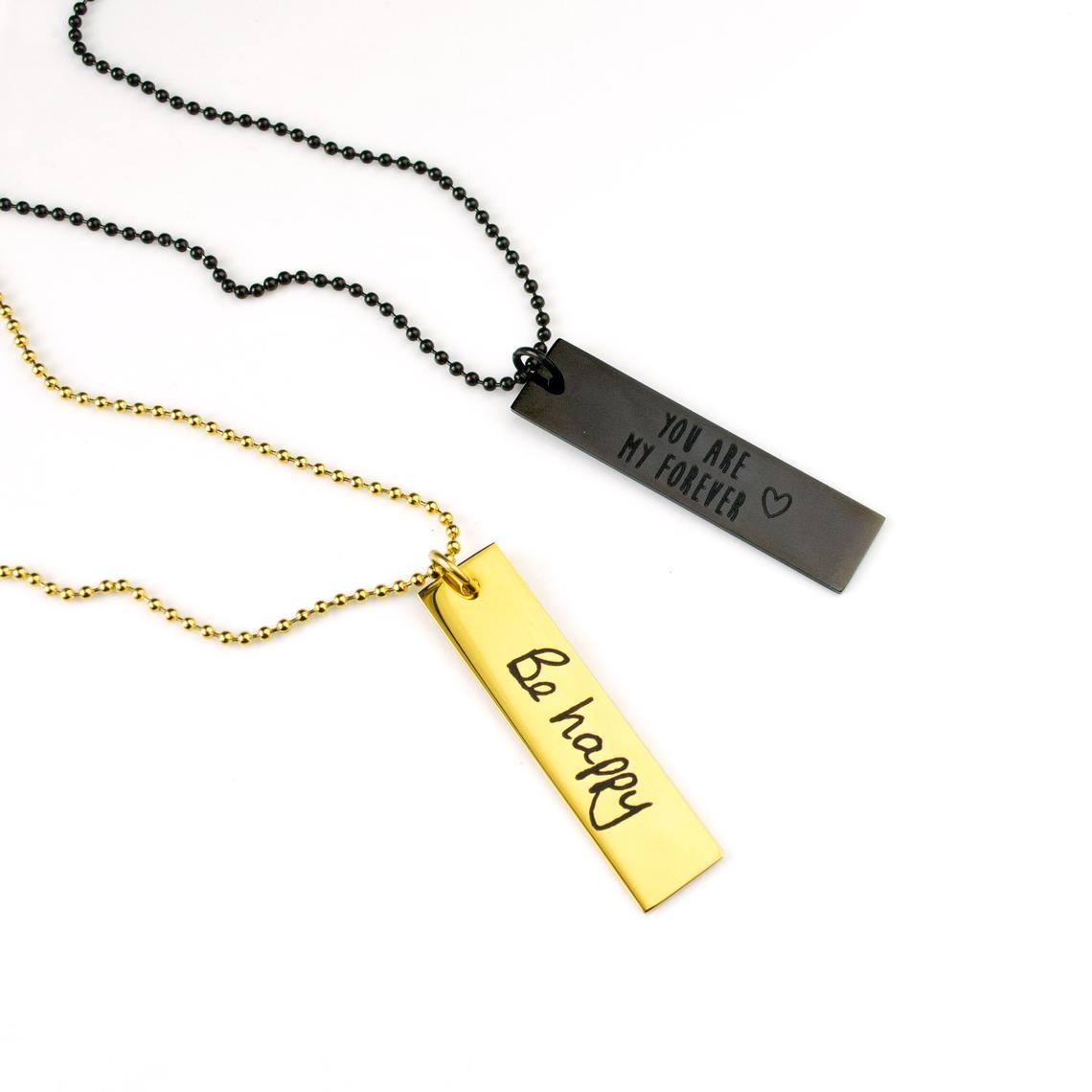 One gold tone rectangle military style necklace with custom handwriting from a photo or the black rectangle necklace with you are my forever engraved in one of our font selections.  