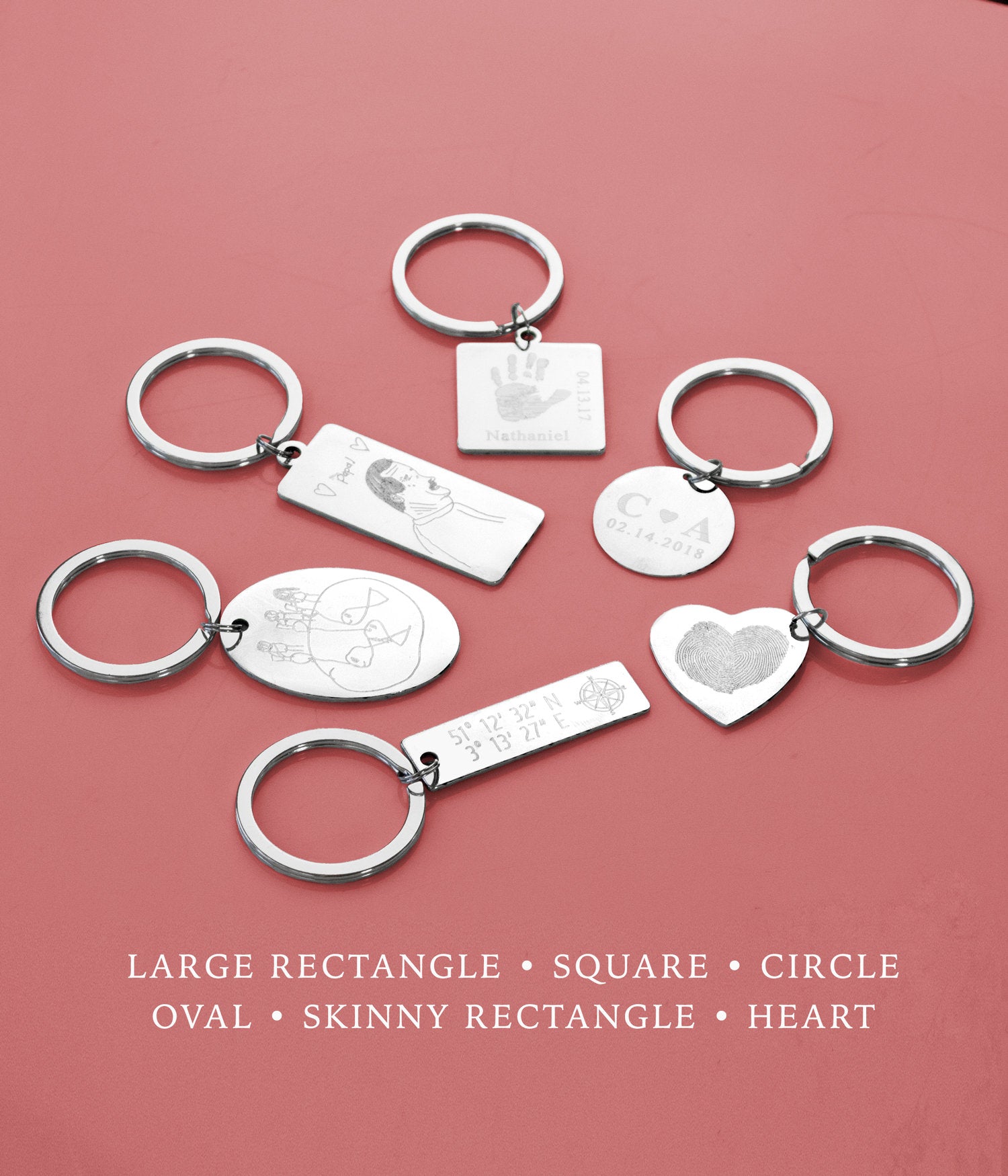 Variety of zinc alloy scratch-resistant keychains available in large rectangle, square, circle, oval, skinny rectangle and heart. All can be engraved on one or both sides. 