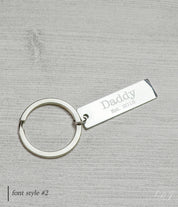 Skinny rectangle keychain in silver engraved for dad. Perfect for Father's Day, his birthday or any holiday. 