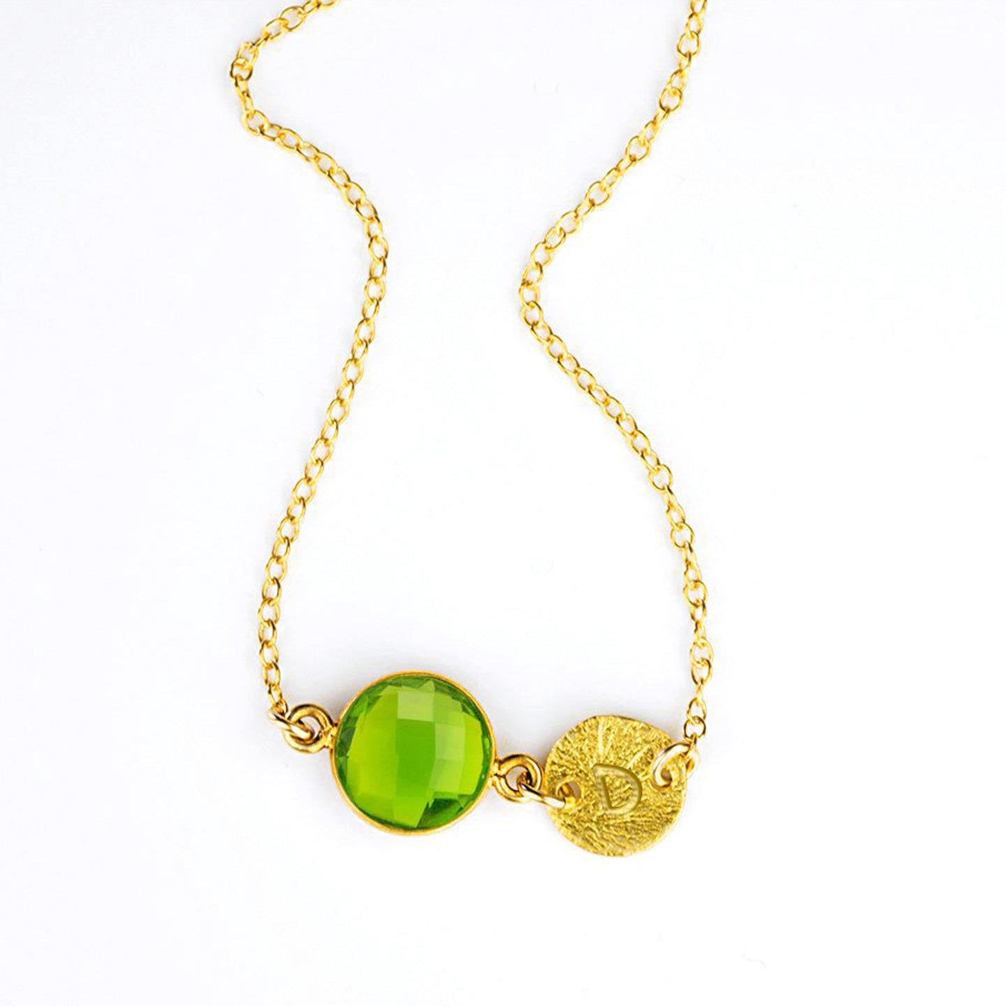 Personalized August Birthstone & Initial Charm Necklace, 925 Sterling Silver, 18k Vermeil Gold, Custom Peridot Quartz Gem Station Necklace, Minimalist Gemstone Necklace, Christmas Gift for Women Girls