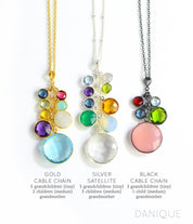 3 necklaces in gold, silver and oxidized silver with an assortment of birthstones to represent multiple children and grandchildren.Vermeil Gold Sterling Silver Oxidized Silver Metal Grandma Necklaces With Birthstones, Birthday gift for grandma, anniversary gift for wife