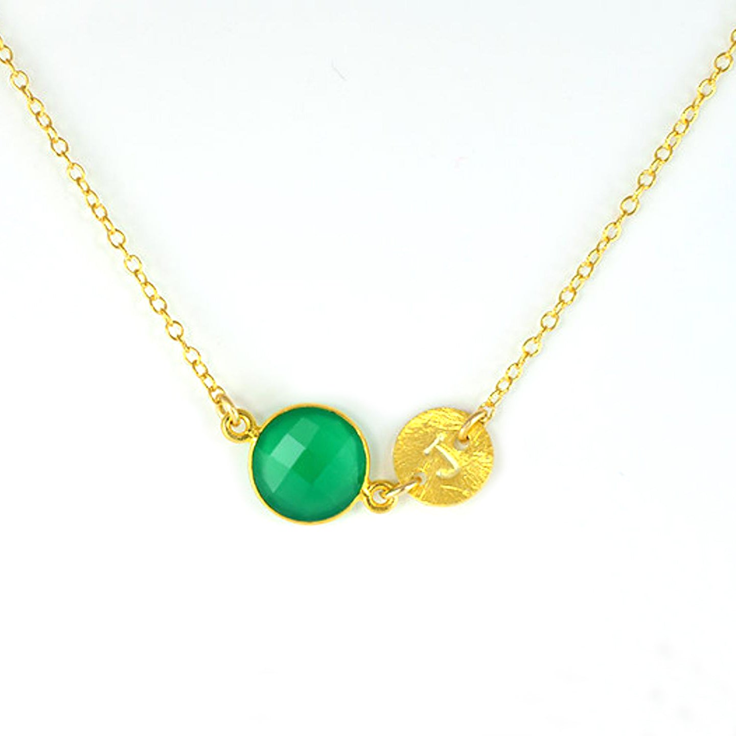 Personalized May Birthstone & Initial Charm Necklace, 925 Sterling Silver, 18k Vermeil Gold, Custom Green Onyx Station Necklace, Minimalist Emerald Onyx Gem Necklace, Christmas Gift for Her, for Women