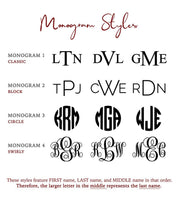 Choose from our 4 monogram options to engrave and customize your keychain. Options include classic, block, circle, and swirly. These styles feature first name, LAST name, and middle name in that order. Therefore, the larger letter in the middle represents the last name.
