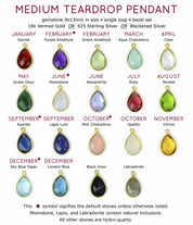 tear drop teardrop pendant birthstone gemstone 9x13mm is available in garnet, purple amethyst, green amethyst, aqua chalcedony, clear, green onyx, moonstone, alexandrite, ruby, peridot, kyanite, lapis luzli, pink chalcedony, opalite, citrine, sky blue topaz, london blue, black onyx and labradorite 
