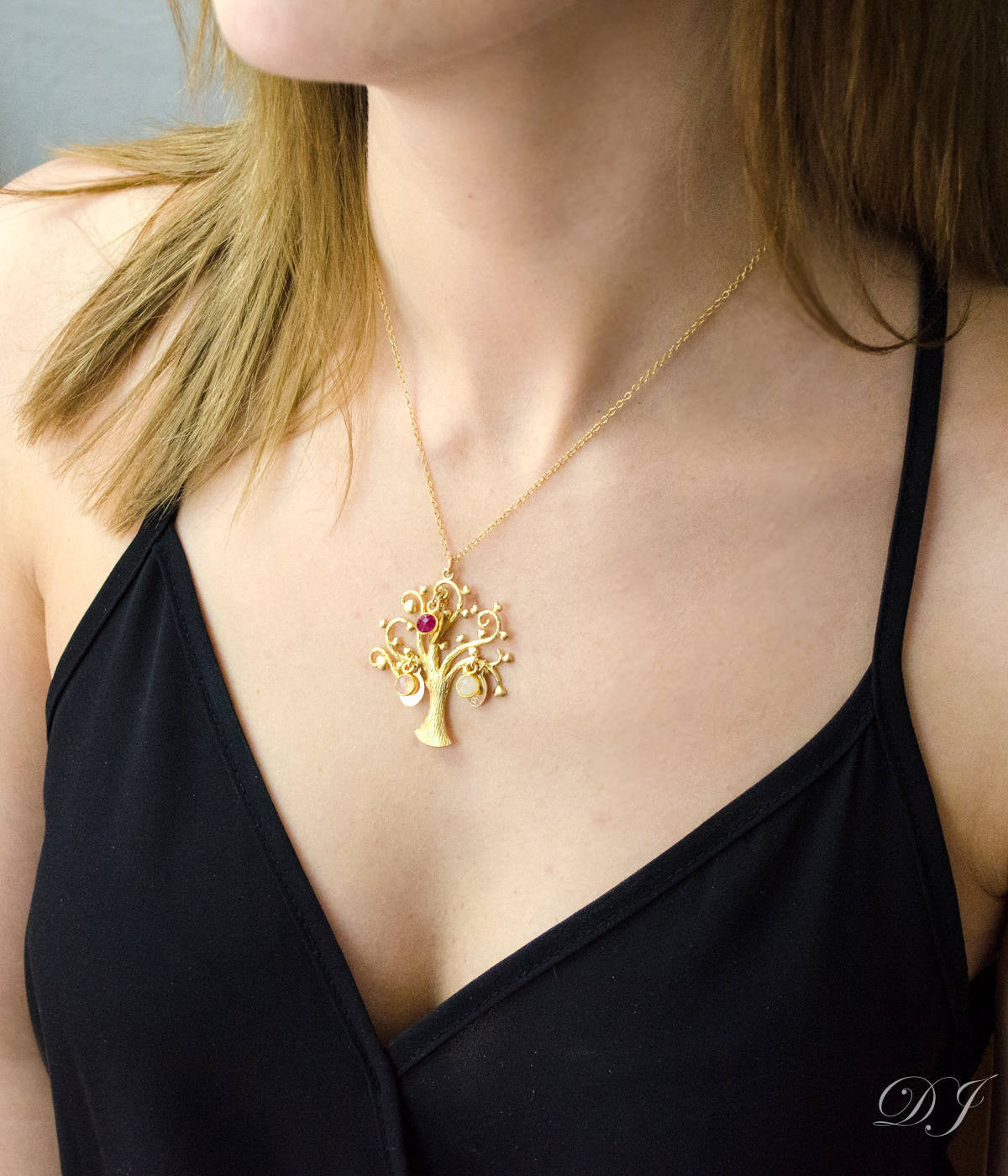 Gold tree of life necklace with birthstones deals