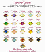 Gemstones available for every month. January - garnet quartz, february - purple amethyst quartz or green amethyst quartz, March - aqua chalcedony, April - clear quartz, May - green onyx, June - moonstone, July - Ruby Quartz, August - Peridot quartz or green chalcedony, September - Kyanite quartz, October - pink chalcedony or opalite, November - citrine quartz, December - blue topaz or turquoise, Blue Chalcedony, Carnelian, Smoky quartz, Black onyx, Labradorite, 18k Gold vermeil or 925 sterling silver