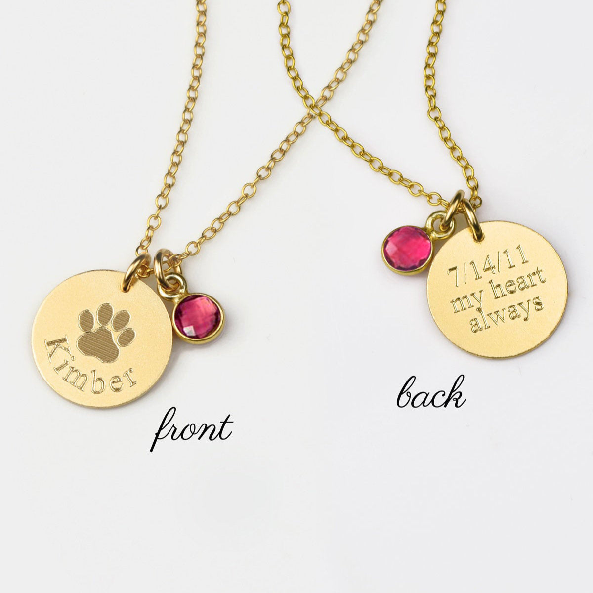 A 2 sided gold engraved paw print necklace with birthstone. Engraved paw print necklace, 16mm pet jewelry, natural birthstone necklace, sterling silver necklace, gold-filled pet charm, rose gold-filled disc, custom pet gift, personalized pet lover jewelry, double-sided engraving, pet memorial keepsake, dainty pet accessory