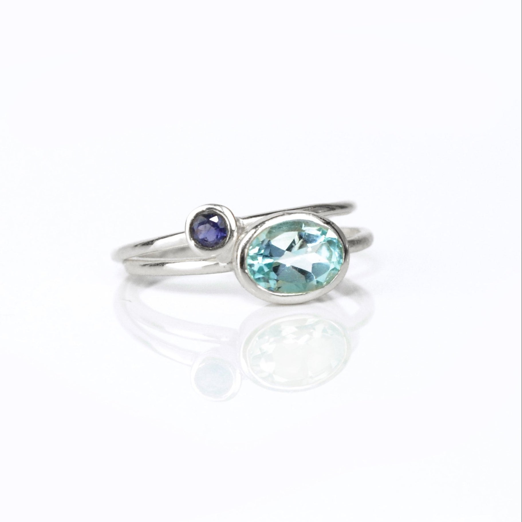 sterling silver ring set sky blue topaz oval ring tiny round kyanite ring