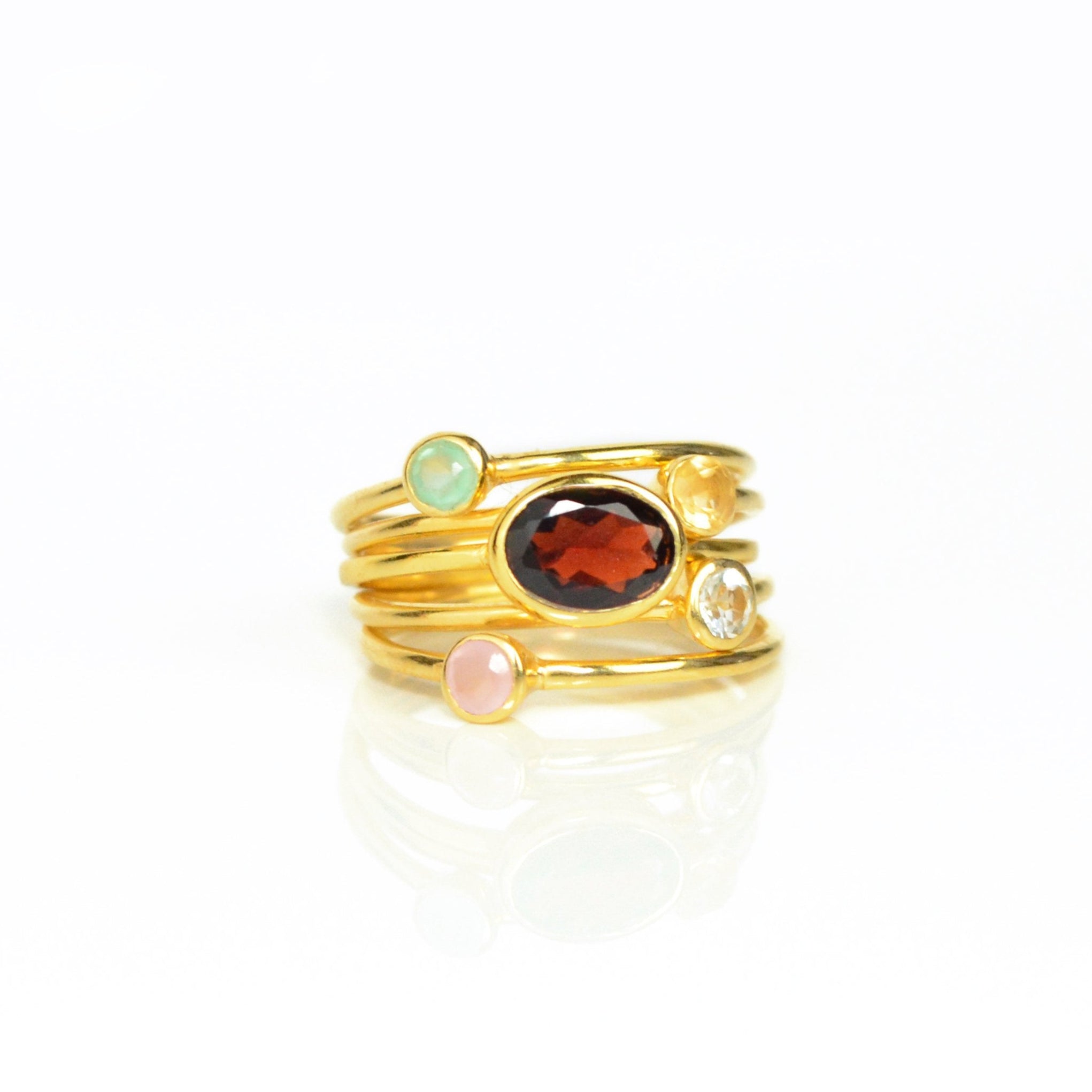 5 ring stacking set mom and kids set garnet oval ring aqua chalcedony citrine clear quartz pink chalcedony round stone rings yellow gold plated