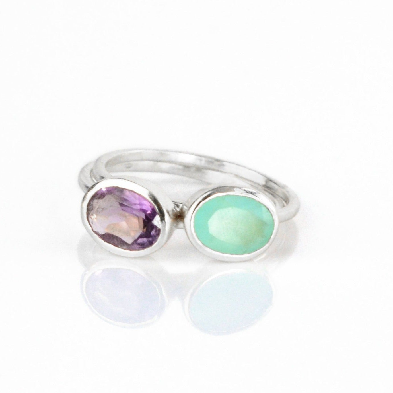 Set of 2 Sterling Silver Tiny Oval Rings Aqua Chalcedony and Purple Amethyst