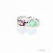 Set of 2 Sterling Silver Tiny Oval Rings Aqua Chalcedony and Purple Amethyst