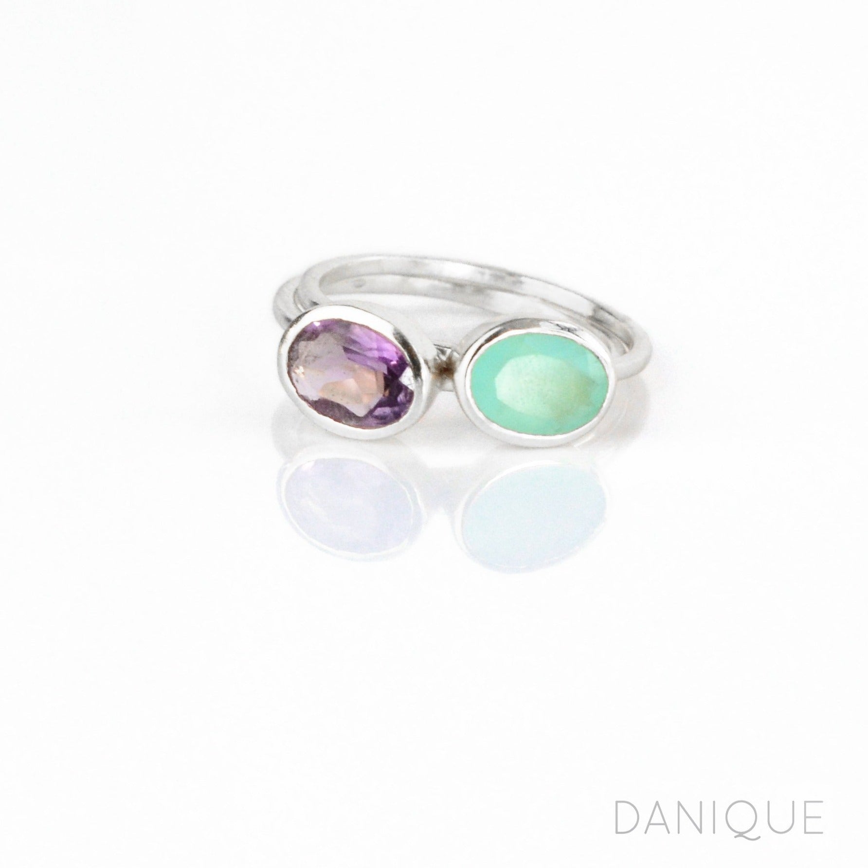 Set of 2 Sterling Silver Tiny Oval Rings Aqua Chalcedony and Purple Amethyst