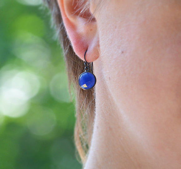 Round Blue Topaz Drop Earrings, Bezel Set Circle Birthstone Dangle Earrings, Sterling Silver, Gold Vermeil, Christmas, December Birthday Gift for Her