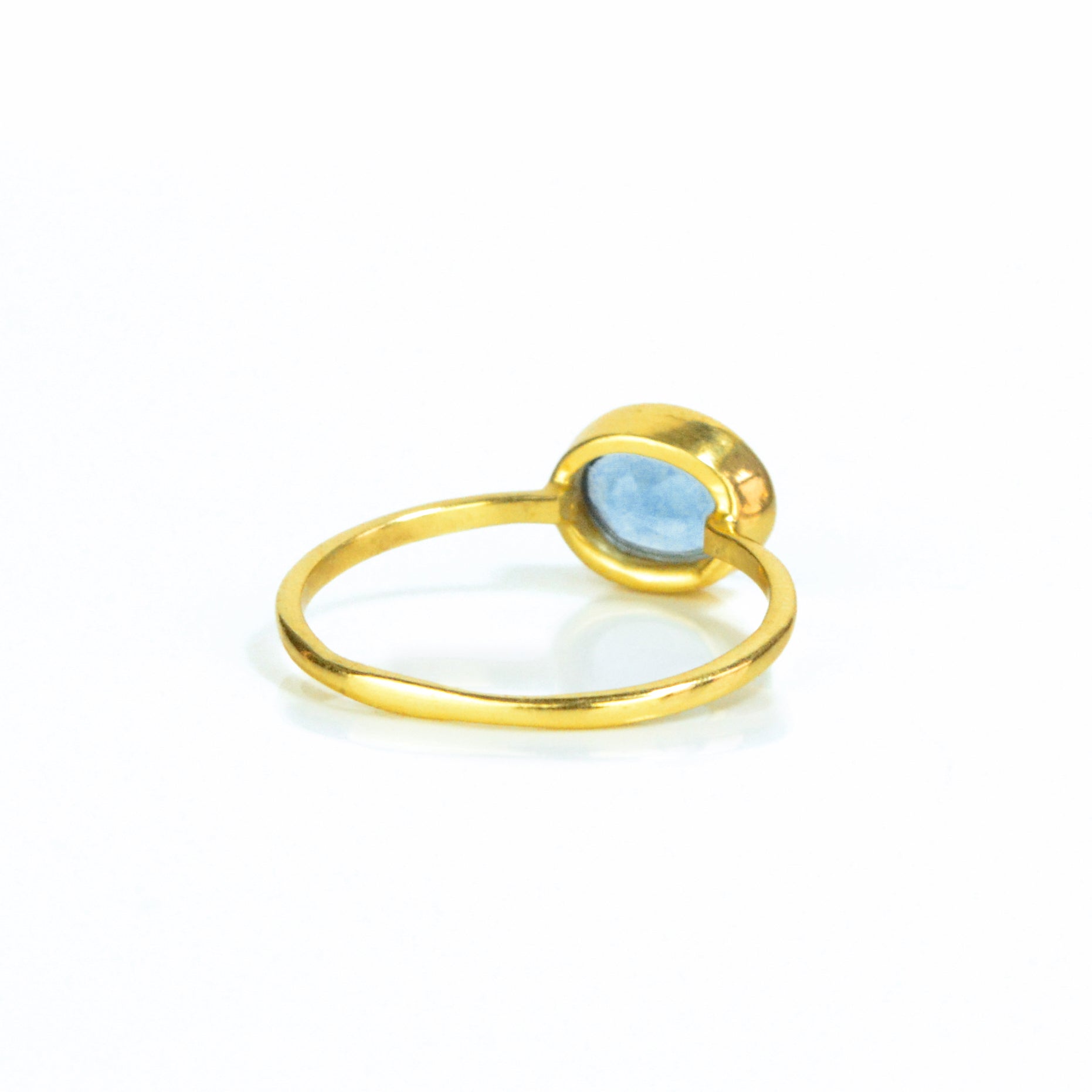 rear view of gold kyanite ring. september birthstone, birthstone jewelry, birth month jewelry, birthstone ring, september ring. stack set, stacking rings, gemstone ring, birthstone ring, mother's day gift for her, gift for mom, gift for fiance, gift for girlfriend, wedding jewelry, bridesmaid jewelry, anniversary jewelry, anniversary gift, birthday gift, christmas gift, valentine's day gift, valentine's day rings, dainty ring, cocktail ring, statement ring, bezel set