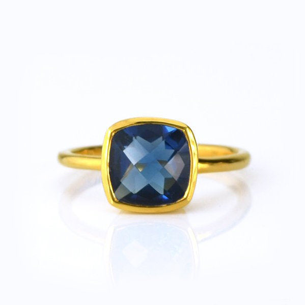 Gold plated kyanite ring, september birthstone jewelry, blue gemstone ring, square cushion faceted turquoise, Bezel set ring, Sterling silver ring, turquoise gift, september birthday gift, blue ring for her, birthstone ring, september birthstone