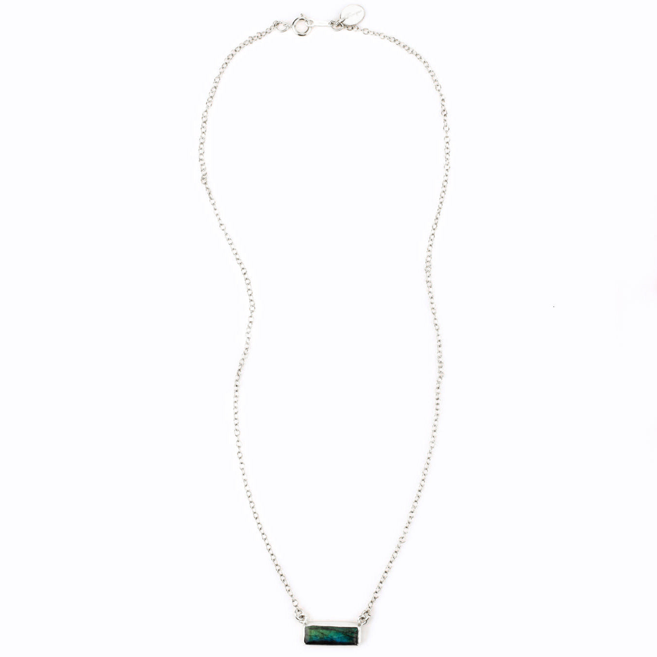Horizontal sterling silver cable labradorite gemstone bar adira series necklace on white background