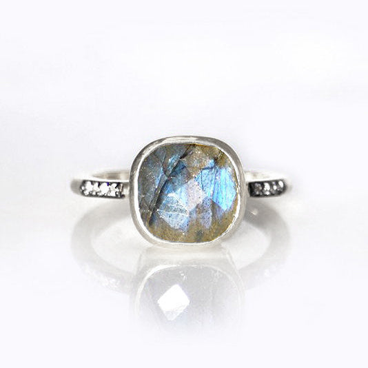 Sterling Silver Labradorite cushion bezel square White topaz pave stacking ring on white background. birthday, birthday gemstone, square gemstone, sterling silver, gray birthstone, gray ring
