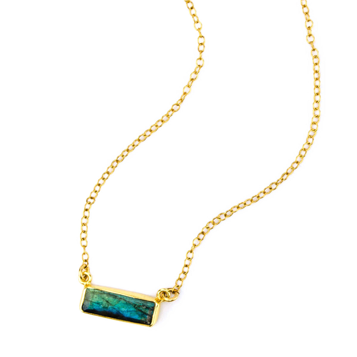 Horizontal gold filled cable labradorite gemstone bar adira series necklace on white background