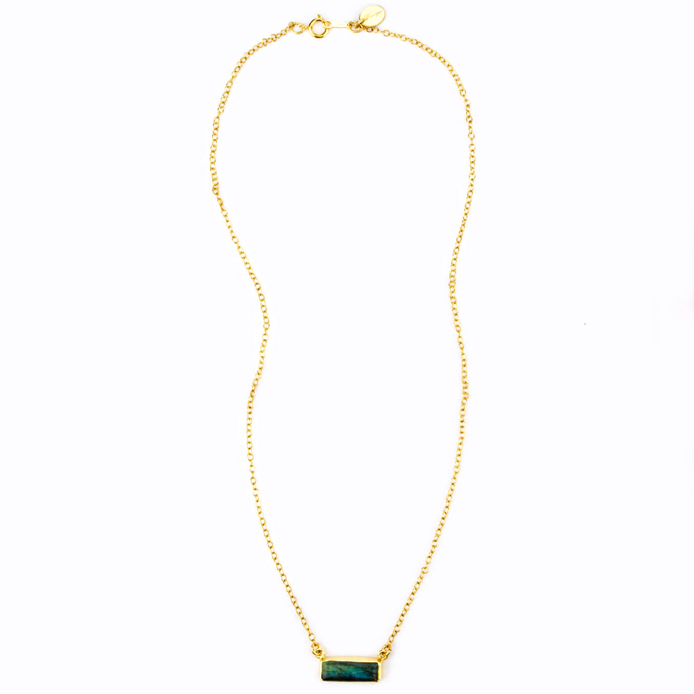 Horizontal gold filled cable labradorite gemstone bar adira series necklace on white background