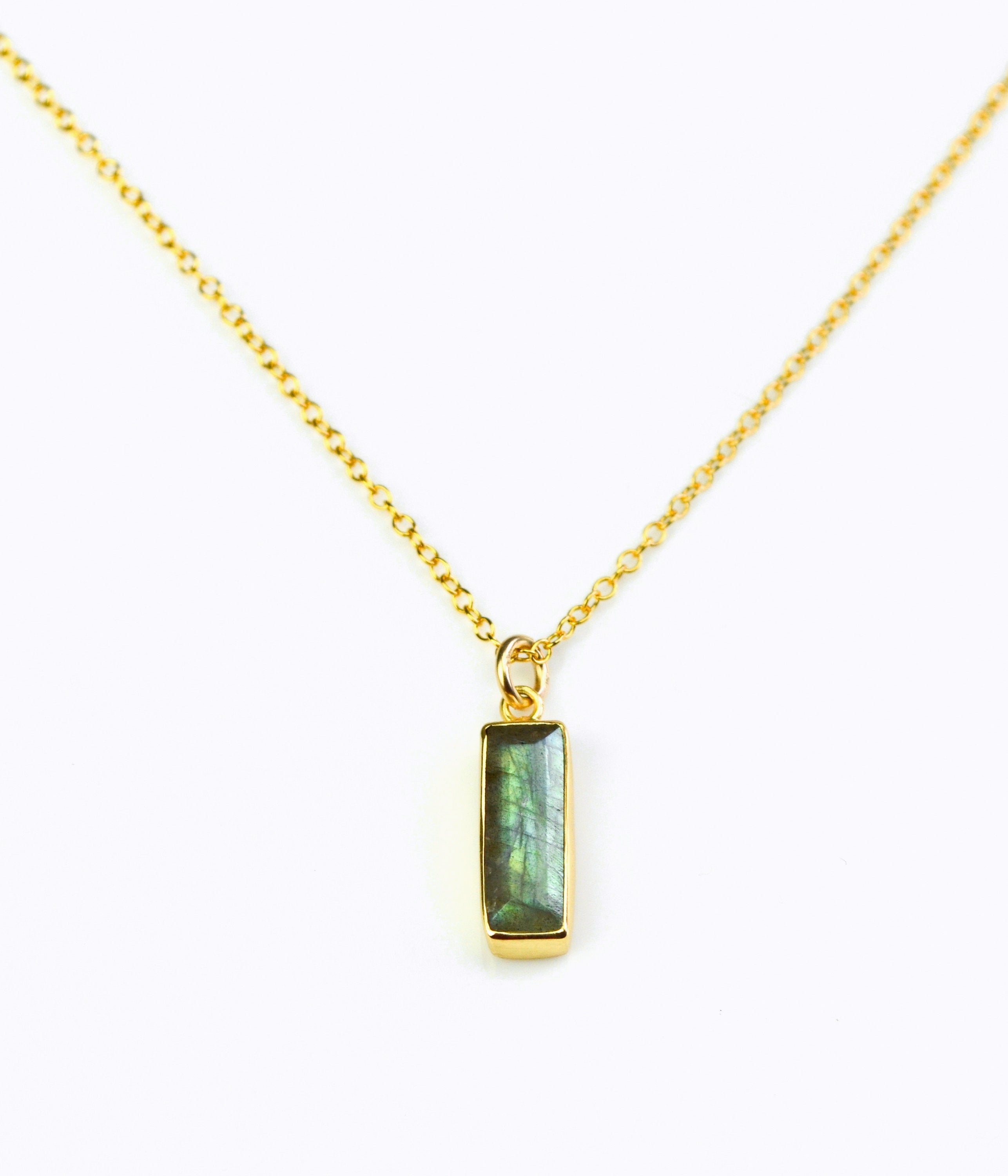 Vertical gold filled cable labradorite gemstone bar adira series necklace on white background