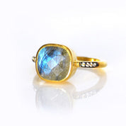 Labradorite gold plated cushion bezel square White topaz pave stacking ring on white background. birthday, birthday gemstone, square gemstone, sterling silver, gray birthstone, gray ring