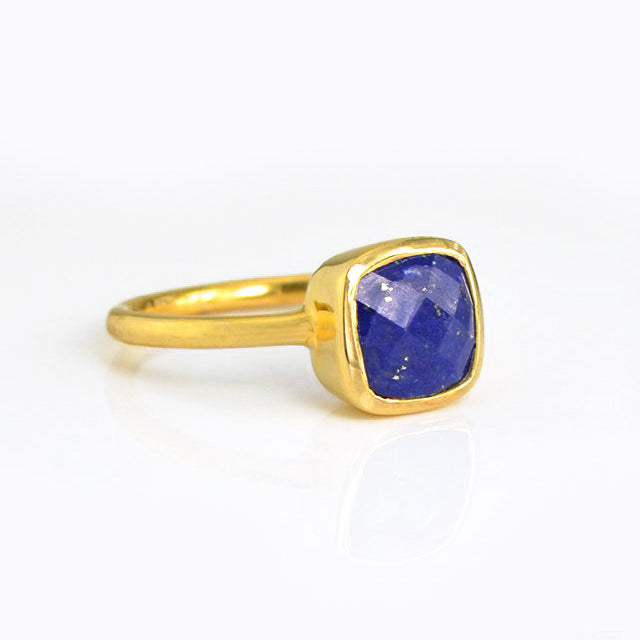 Lapis Lazuli gold plated cushion bezel square stacking ring on white background. September birthday, September gemstone, square gemstone, blue birthstone, blue stone ring, sterling silver 925