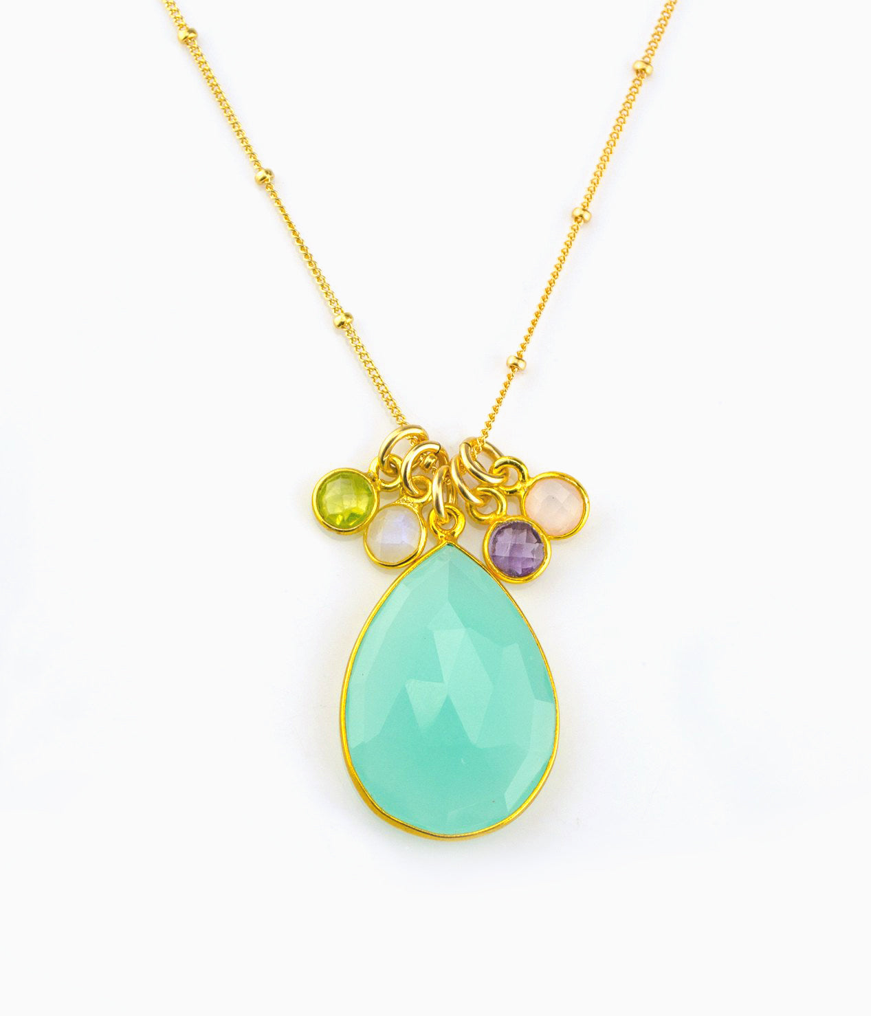 Single mother's birthstone gold filled satellite necklace with 1 large aqua chalcedony stone and four tiny rounds peridot, moonstone, purple amethyst and pink chalcedony birthstones. 