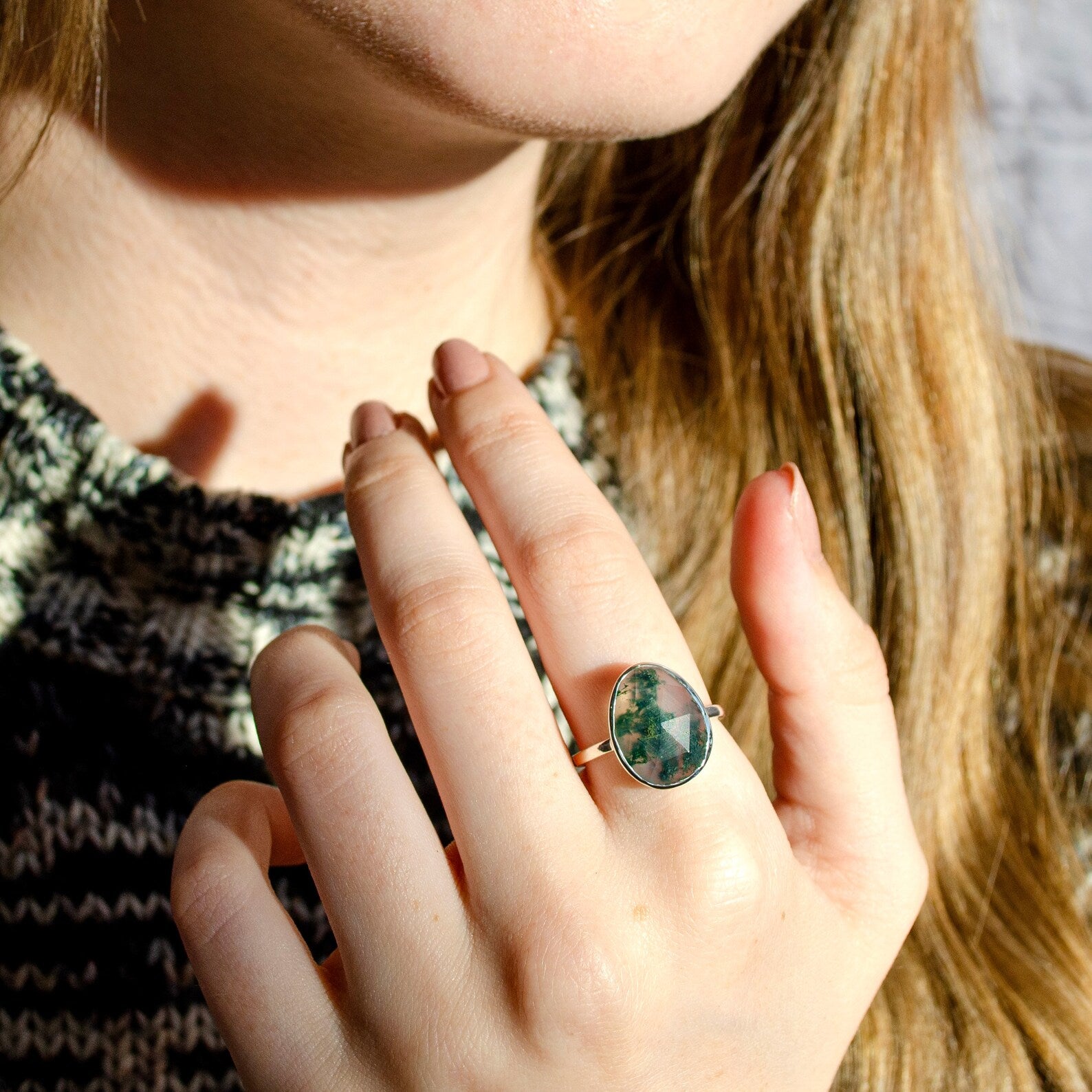 Moss Agate Large Teardrop Oval Ring