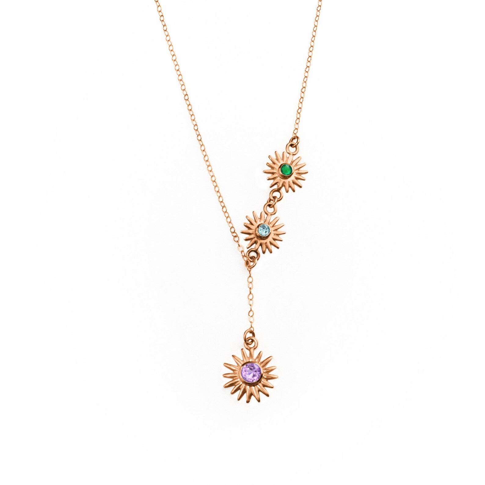 lariatnecklacerosegoldwithbirthstonesandsunburstpendantslariatbirthstonenecklacesuncharmnecklace
