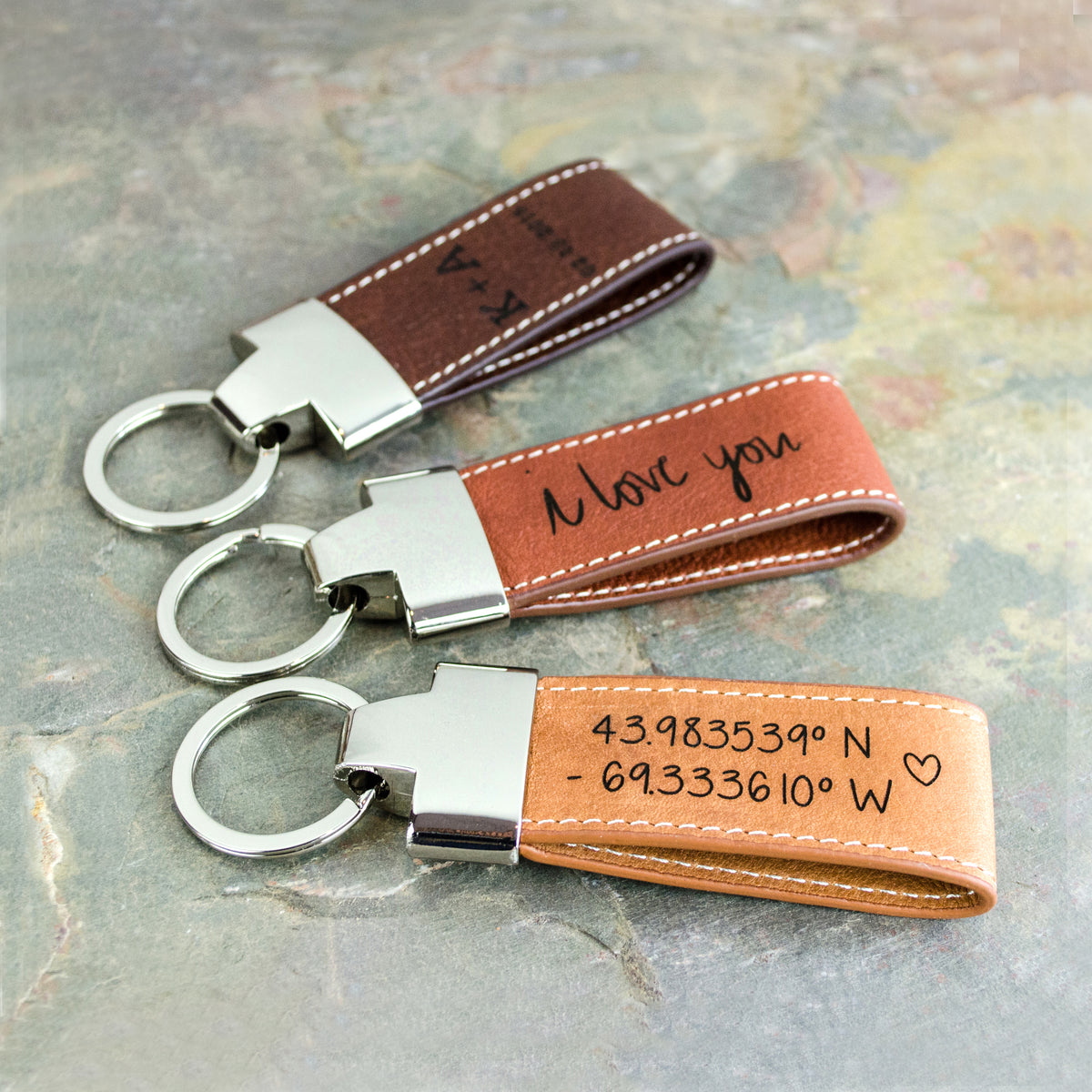 Personalized Leather Keychain for Women or Men Custom Key Fob Key Ring Key  Chain Engraved Handwritten Initial Name Keychain Couples Keychain
