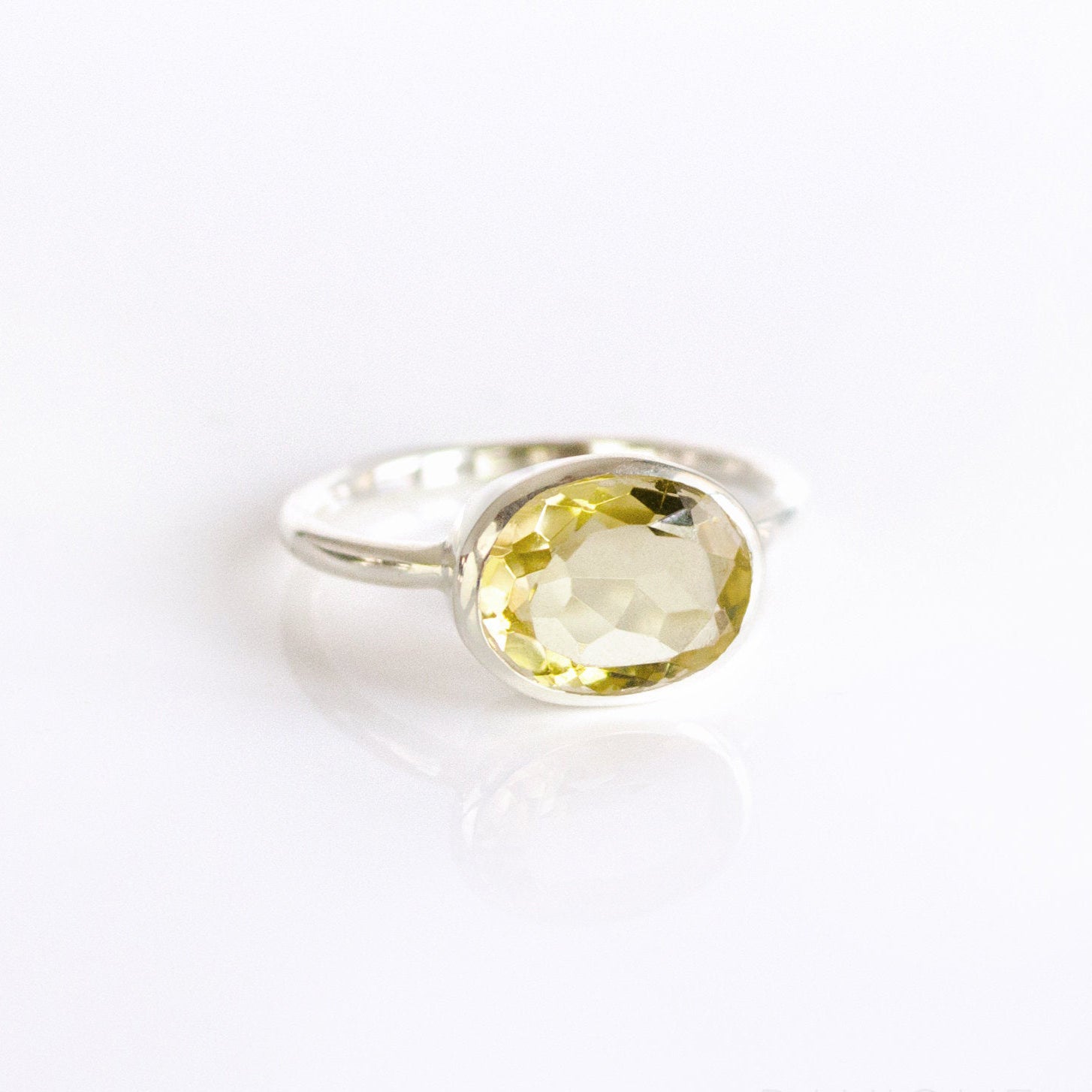 Oval Lemon Quartz Ring, Bezel Set November Birthstone Ring in Sterling Silver, Gold or Rose Gold