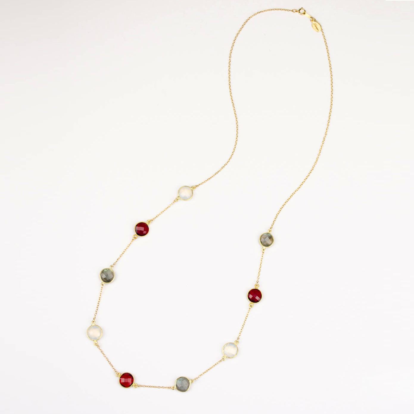 Long Garnet, Labradorite, Opalite bezel station necklace