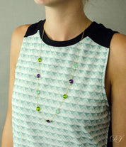 Long Purple Amethyst, Aqua Chalcedony and Peridot bezel station necklace