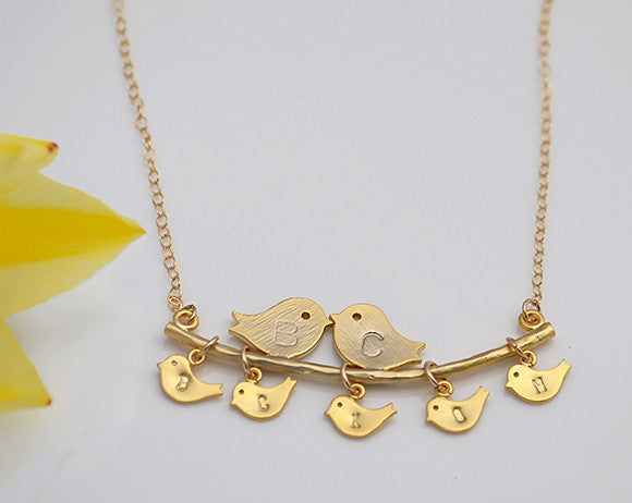 Personalized Family Lovebirds on a branch baby bird charms necklace