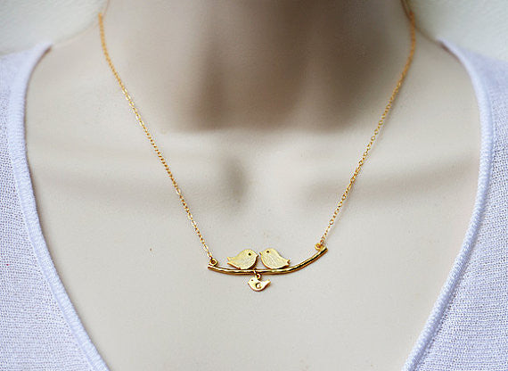 Personalized Family Lovebirds on a branch baby bird charms necklace